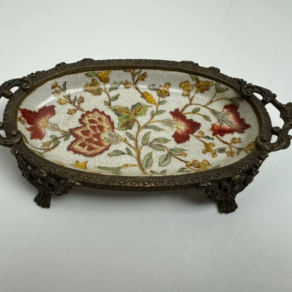 Vintage Chinese Brass and Porcelain Footed Floral Trinket Dish